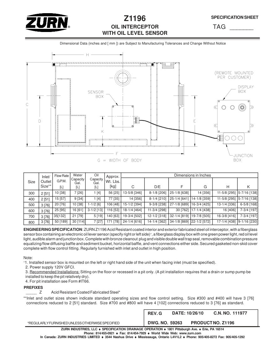 Zurn Z1196 cut sheet — first page