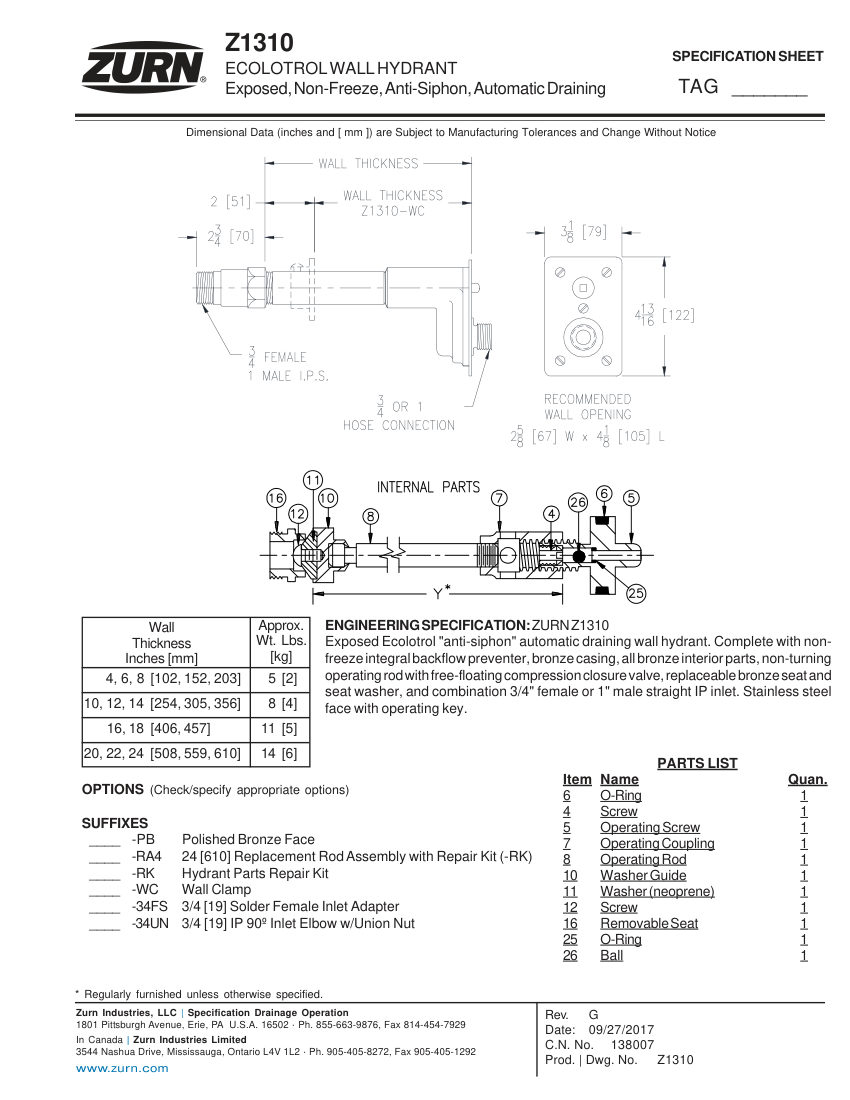 Zurn Z1310 cut sheet — first page