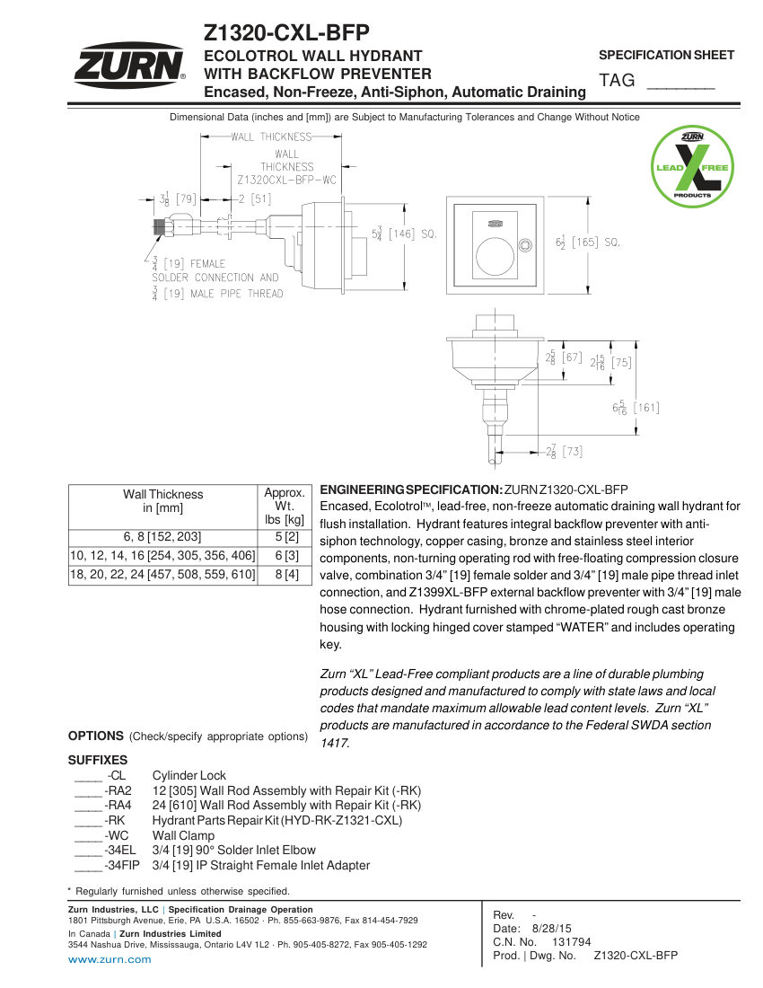 Zurn Z1320-CXL-BFP cut sheet — first page