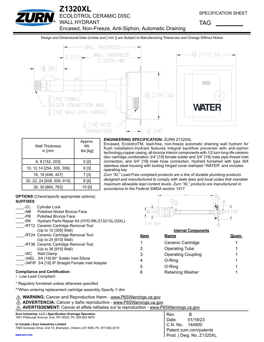 Zurn Z1320XL cut sheet — first page