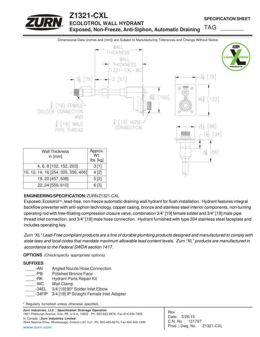 Zurn Z1321-CXL cut sheet — first page