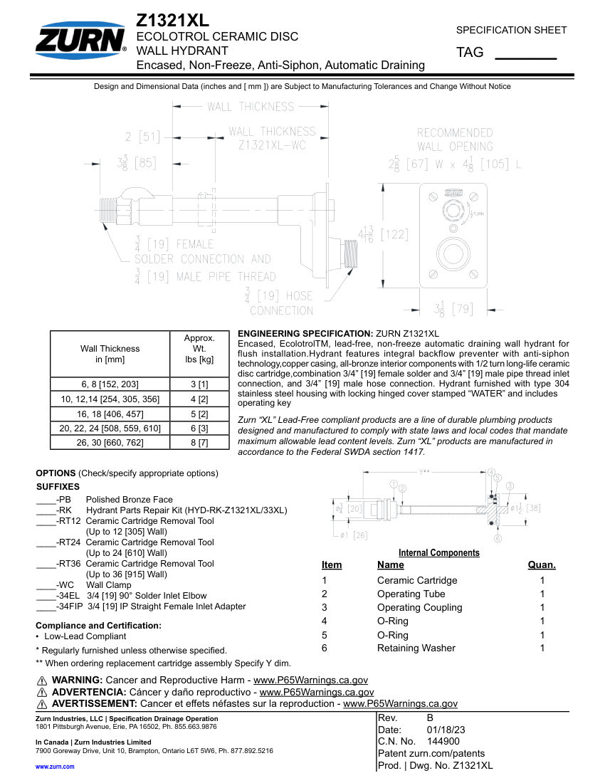 Zurn Z1321XL cut sheet — first page