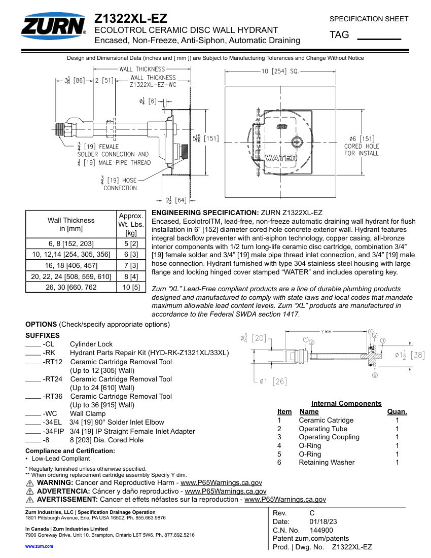 Zurn Z1322XL-EZ cut sheet — first page