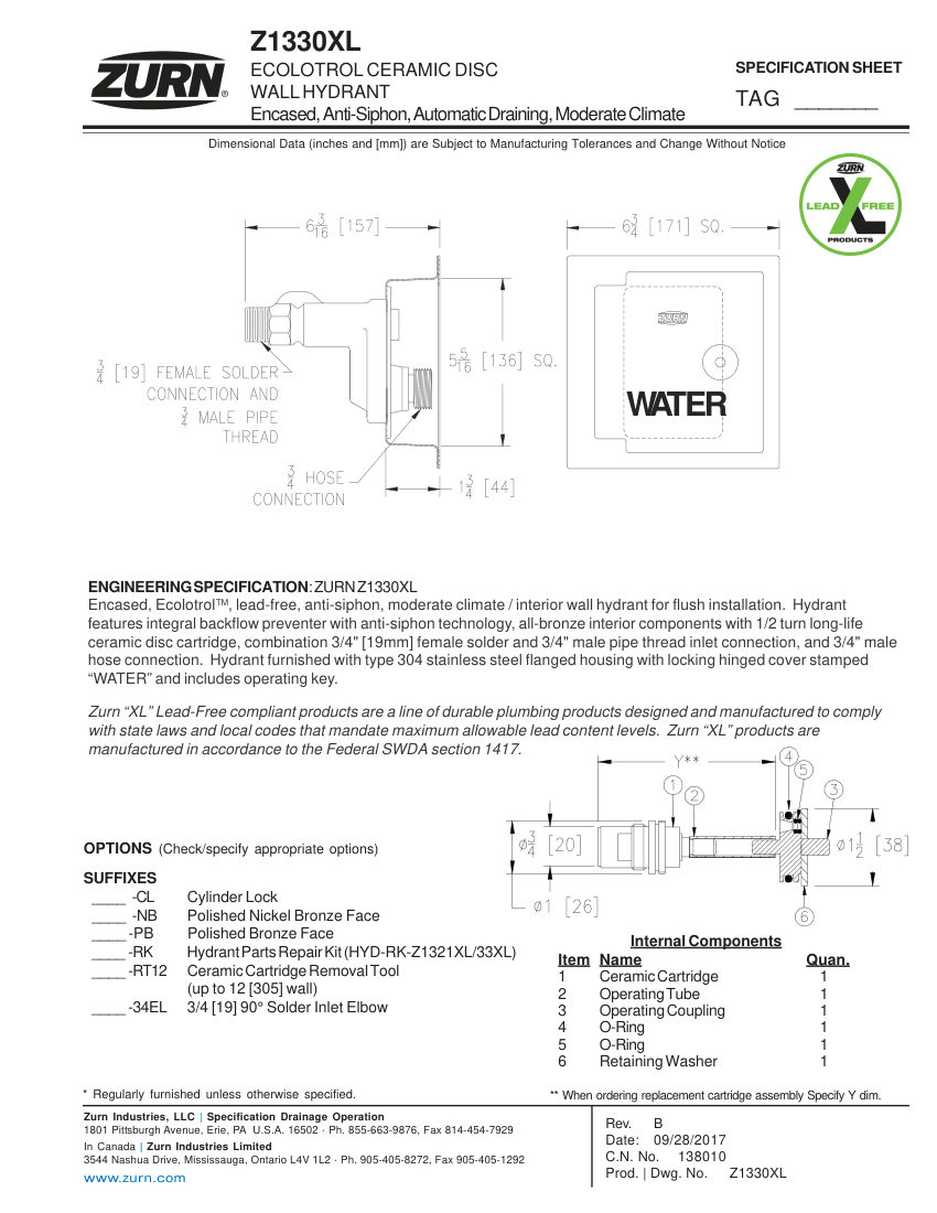 Zurn Z1330XL cut sheet — first page