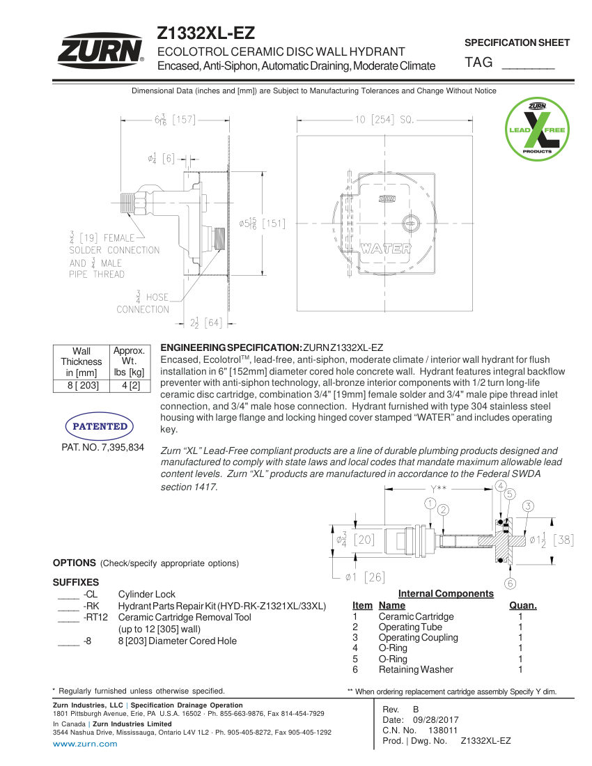 Zurn Z1332XL-EZ cut sheet — first page