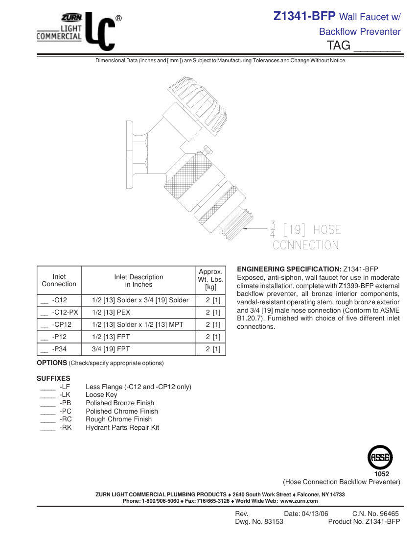 Zurn Z1341-BFP cut sheet — first page