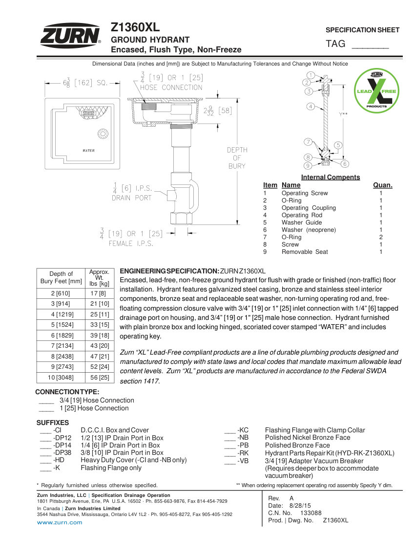 Zurn Z1360XL cut sheet — first page