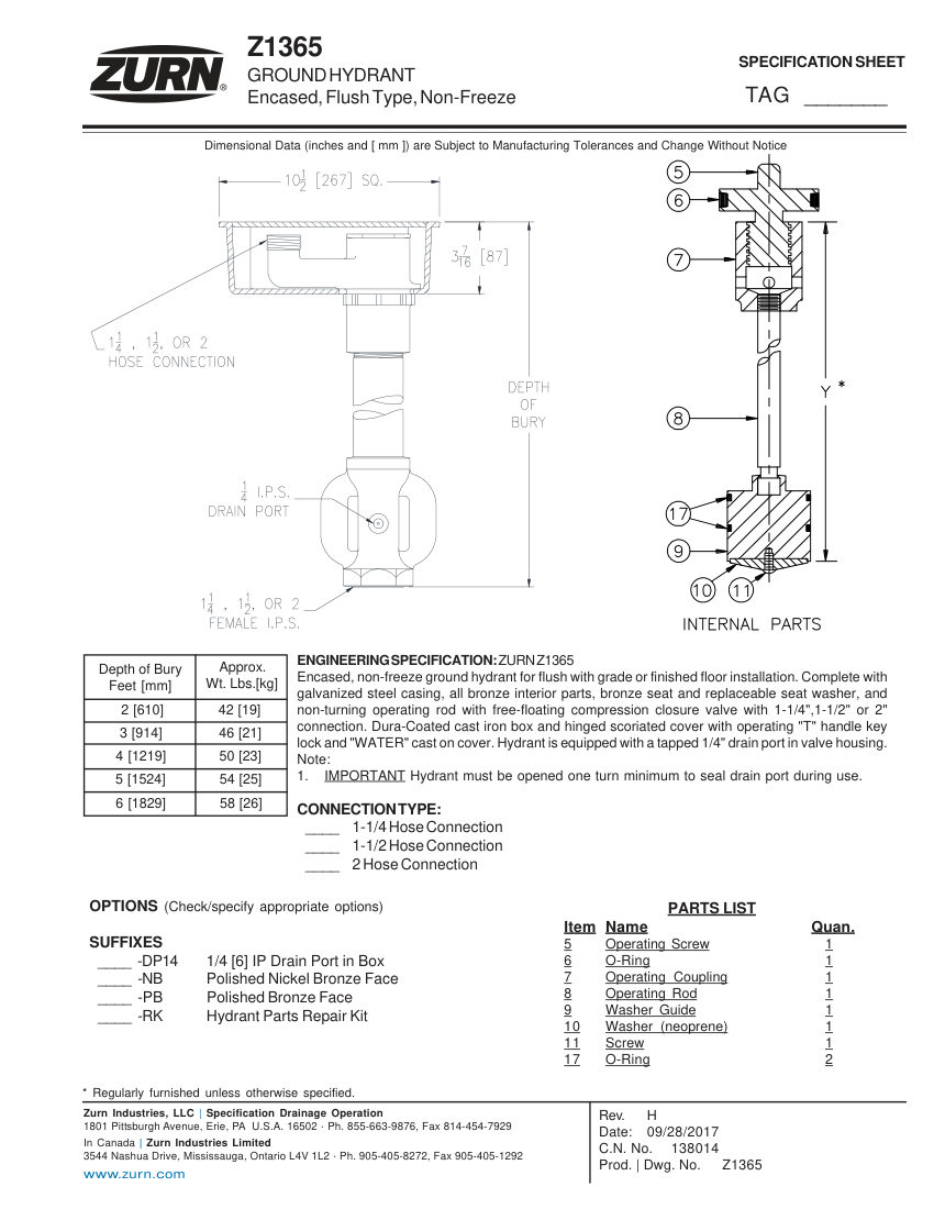 Zurn Z1365 cut sheet — first page
