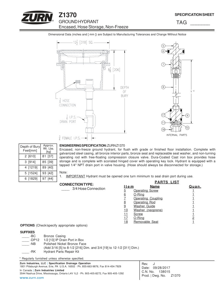 Zurn Z1370 cut sheet — first page