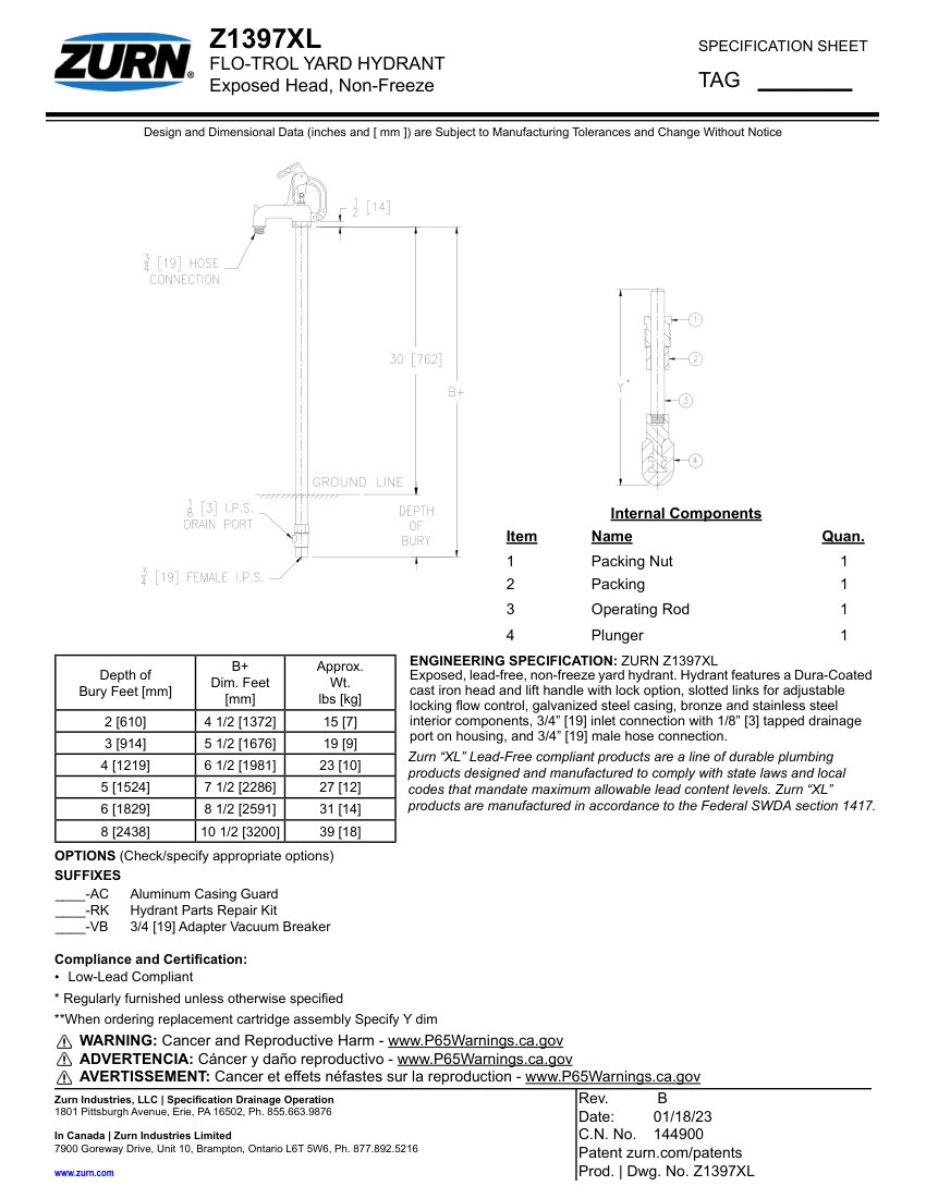 Zurn Z1397XL cut sheet — first page