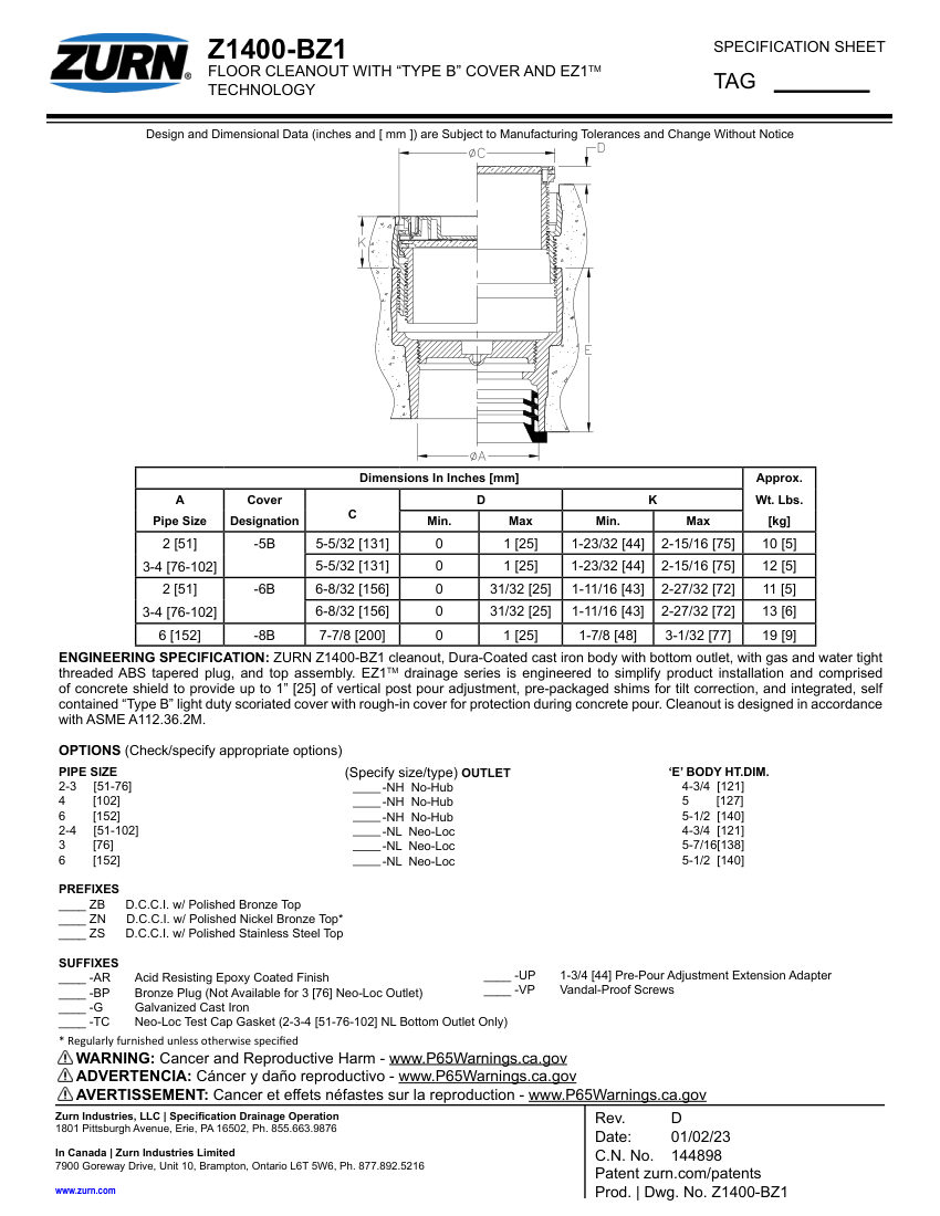 Zurn Z1400-BZ1 cut sheet — first page
