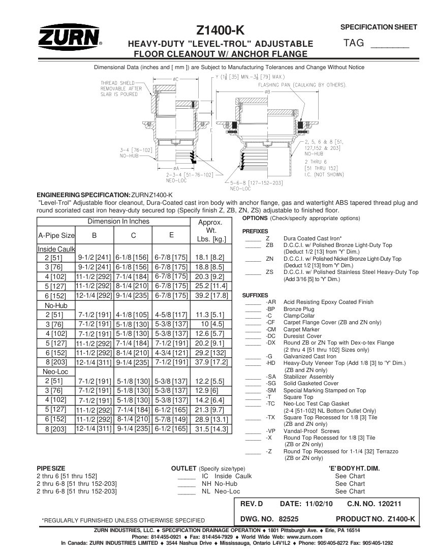 Zurn Z1400-K cut sheet — first page