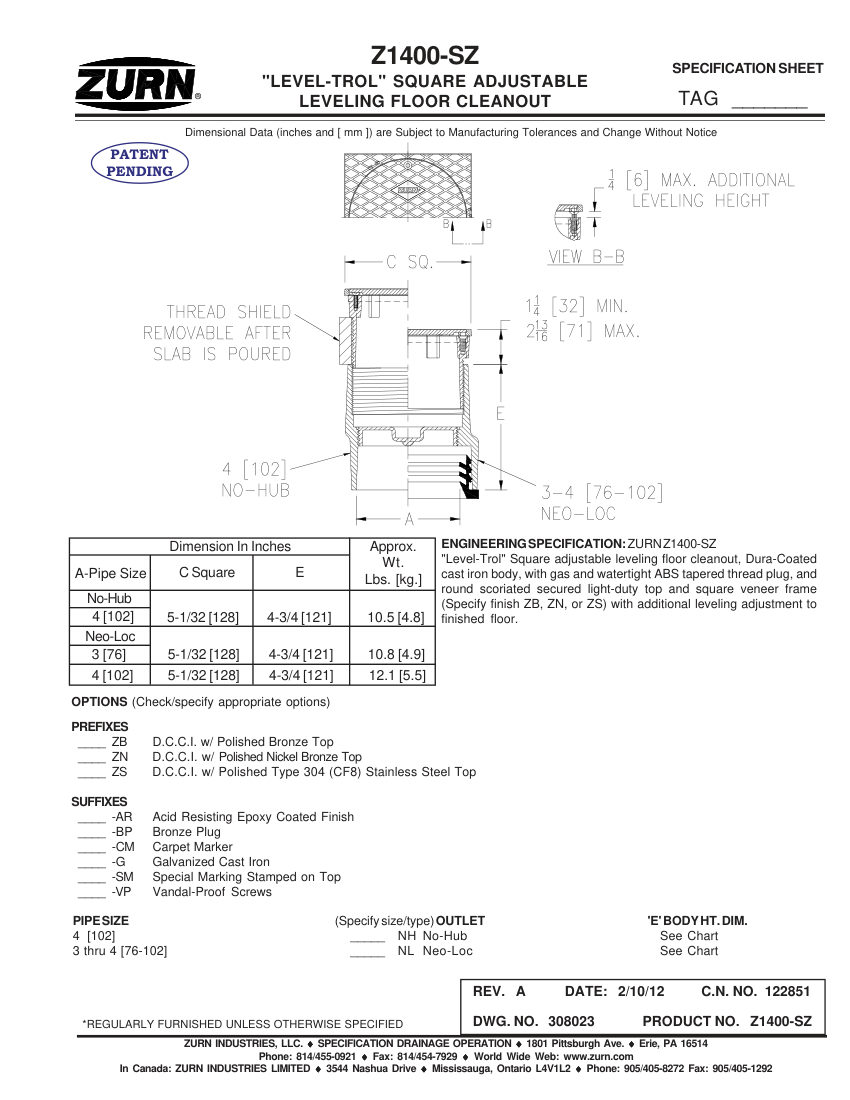 Zurn Z1400-SZ cut sheet — first page