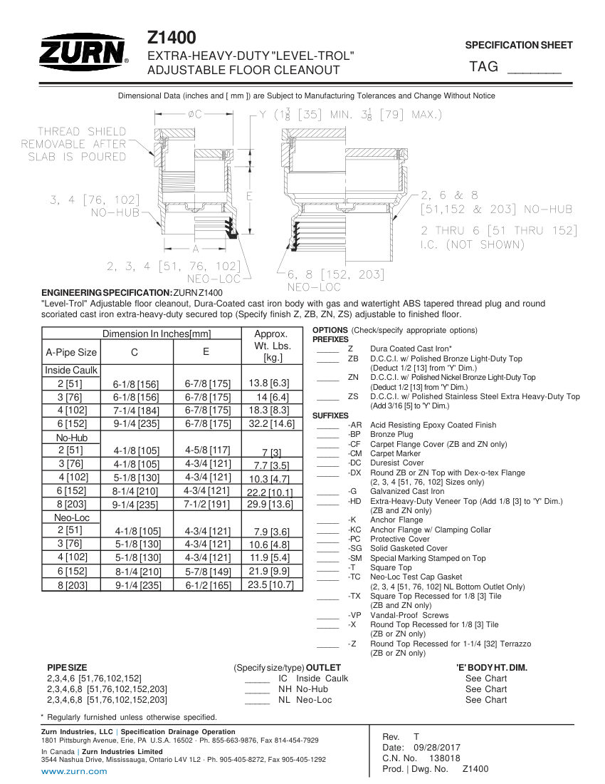 Zurn Z1400 cut sheet — first page