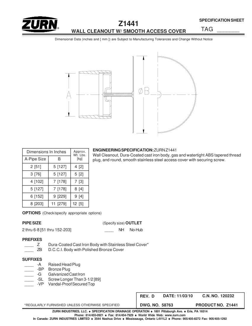 Zurn Z1441 cut sheet — first page
