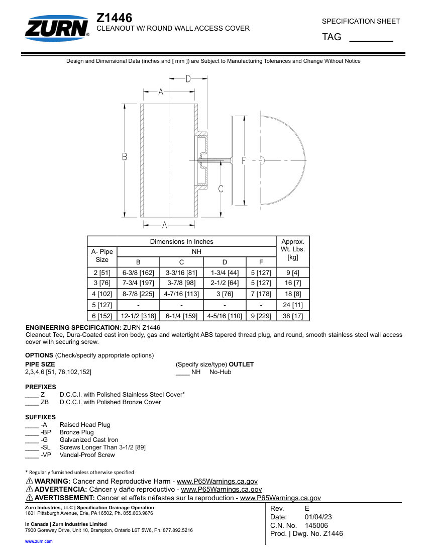 Zurn Z1446 cut sheet — first page