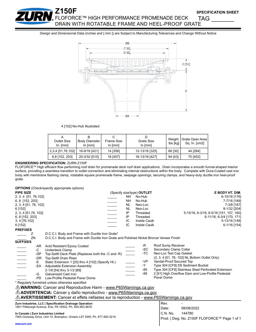 Zurn Z150F cut sheet — first page