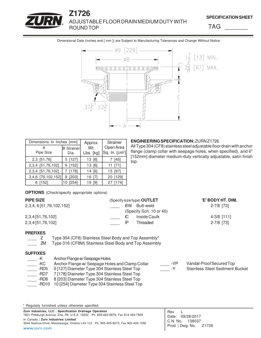 Zurn Z1726 cut sheet — first page