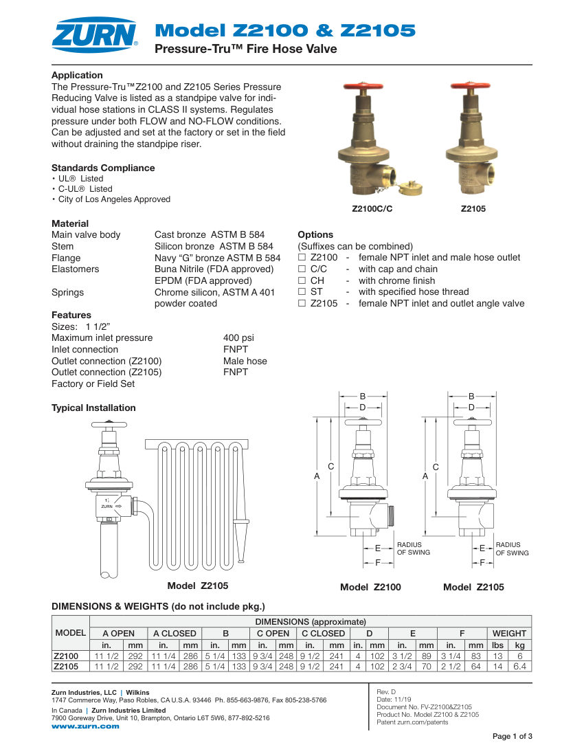 Zurn Z2105 cut sheet — first page