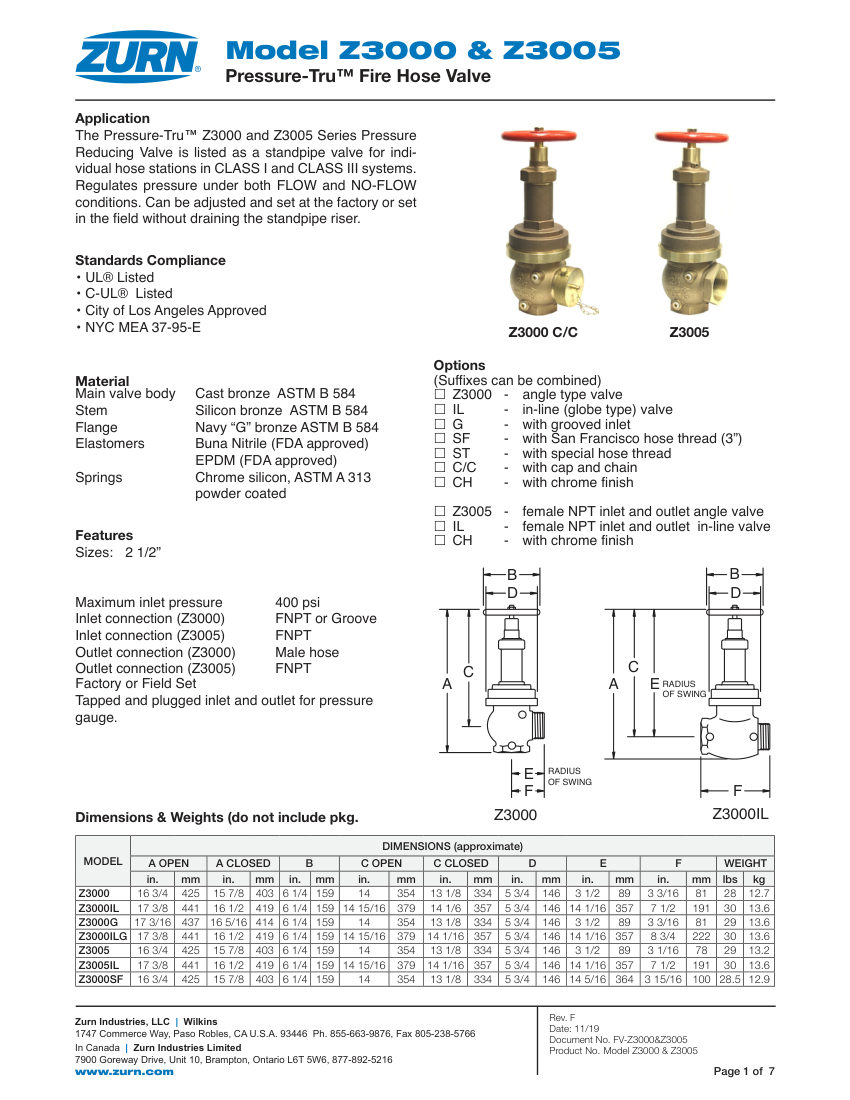 Zurn Z3000 cut sheet — first page
