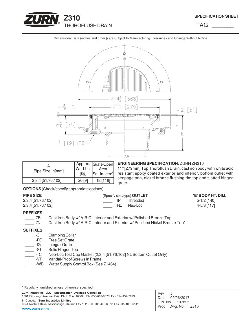 Zurn Z310 cut sheet — first page
