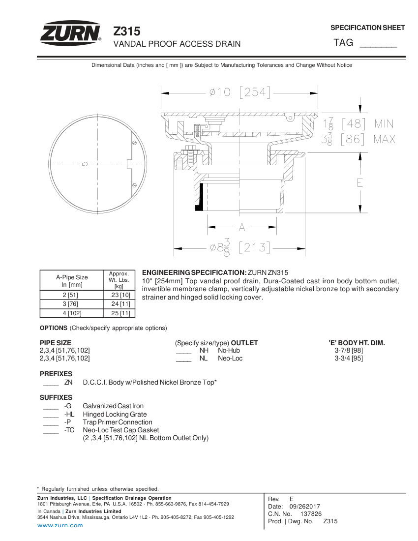 Zurn Z315 cut sheet — first page