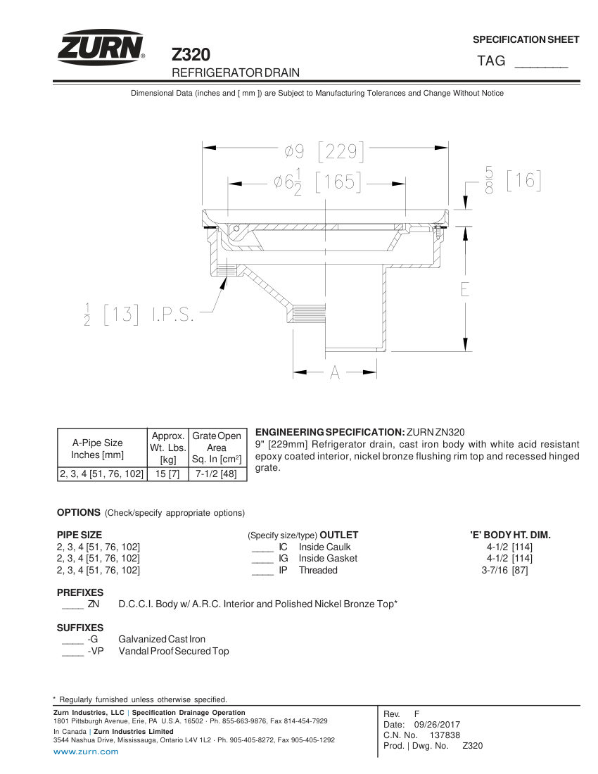 Zurn Z320 cut sheet — first page