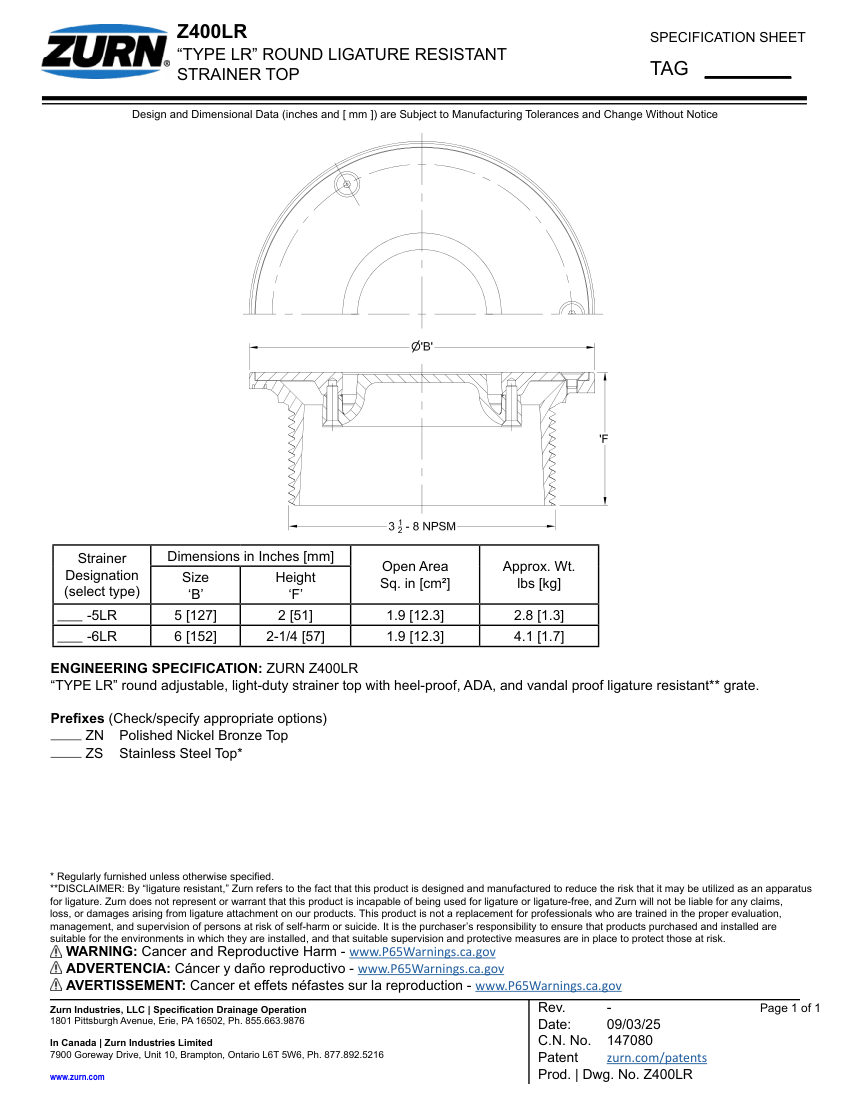 Zurn Z400-LR cut sheet — first page