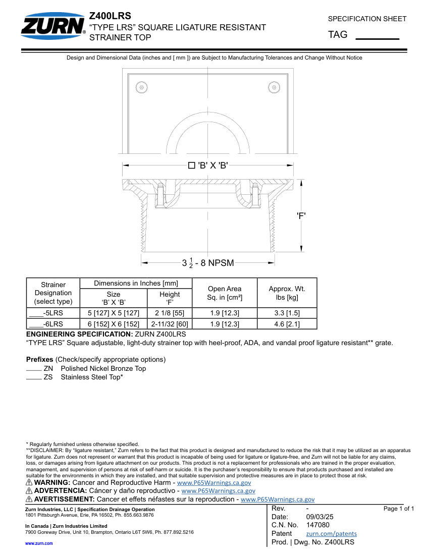 Zurn Z400-LRS cut sheet — first page