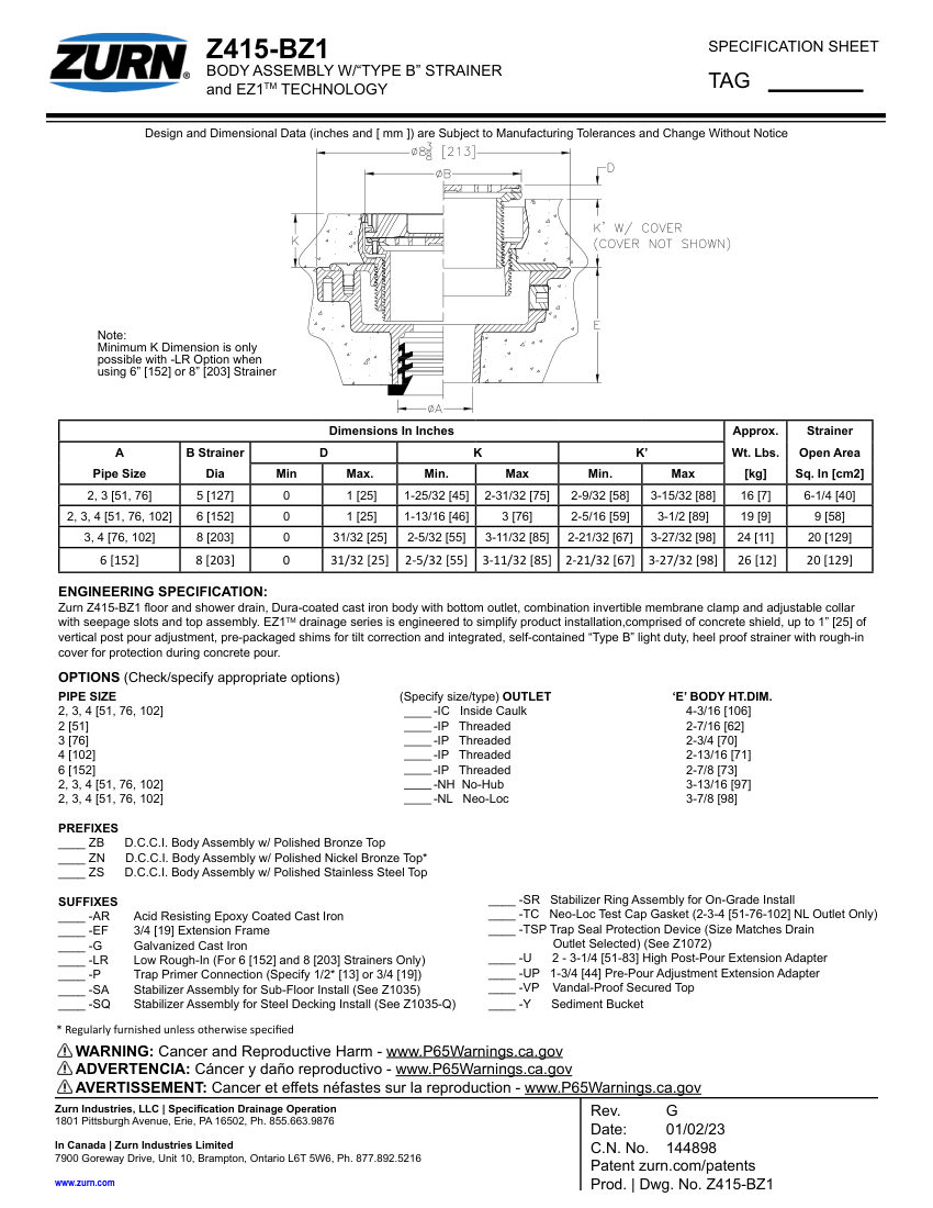 Zurn Z415-BZ1 cut sheet — first page