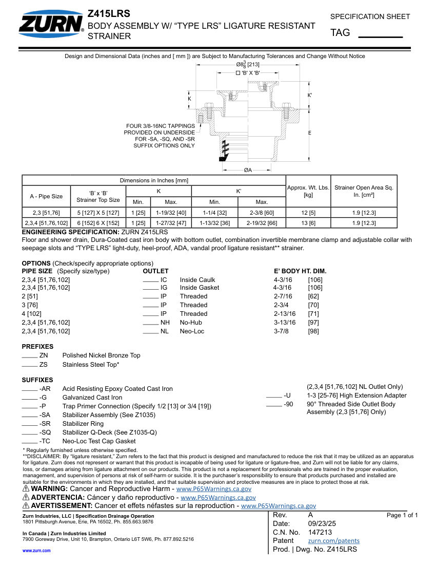 Zurn Z415-LRS cut sheet — first page