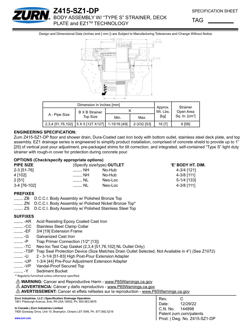 Zurn Z415-SZ1-DP cut sheet — first page