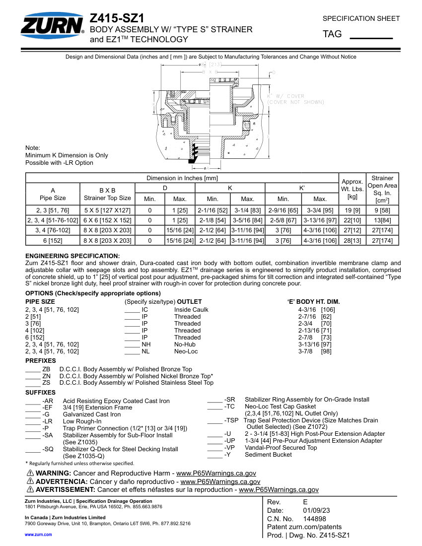 Zurn Z415-SZ1 cut sheet — first page