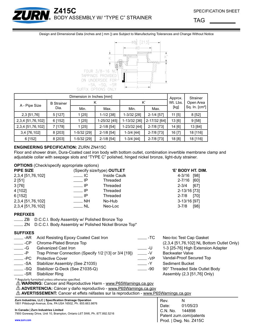 Zurn Z415C cut sheet — first page