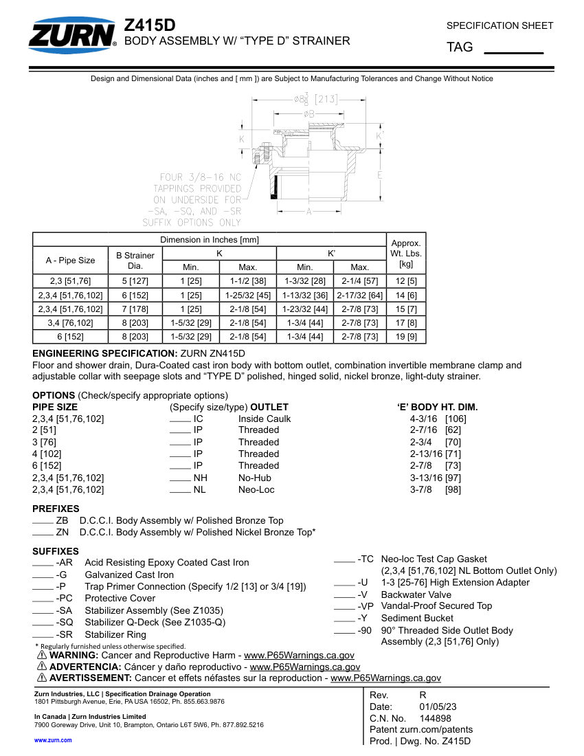 Zurn Z415D cut sheet — first page
