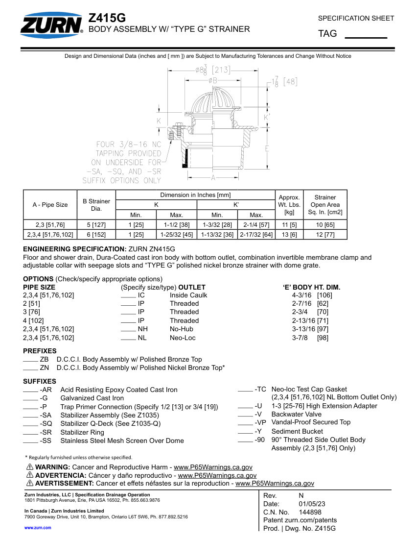Zurn Z415G cut sheet — first page