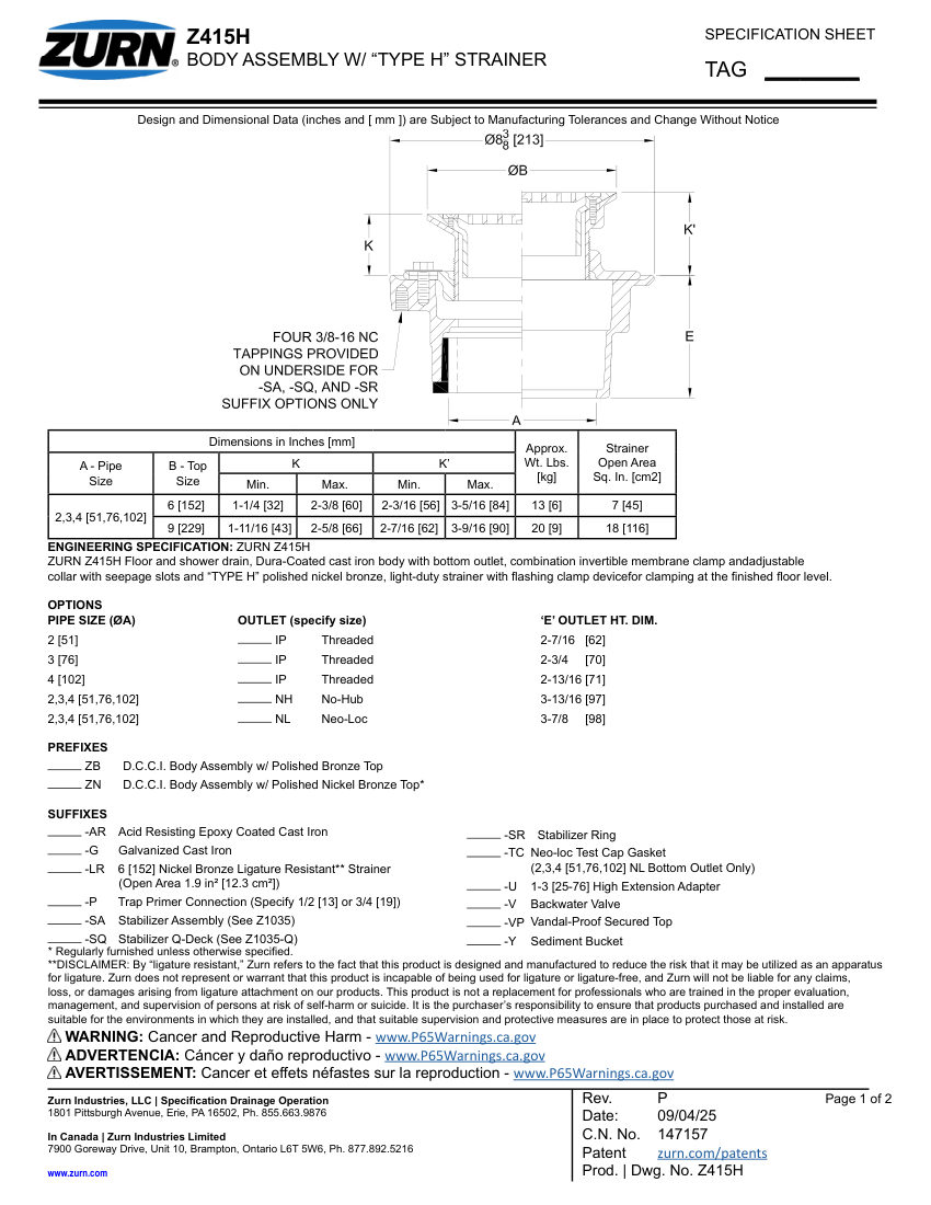 Zurn Z415H-LR cut sheet — first page