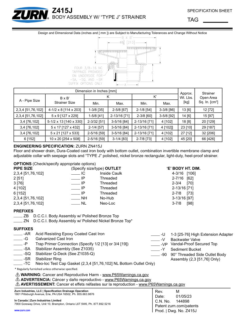 Zurn Z415J cut sheet — first page