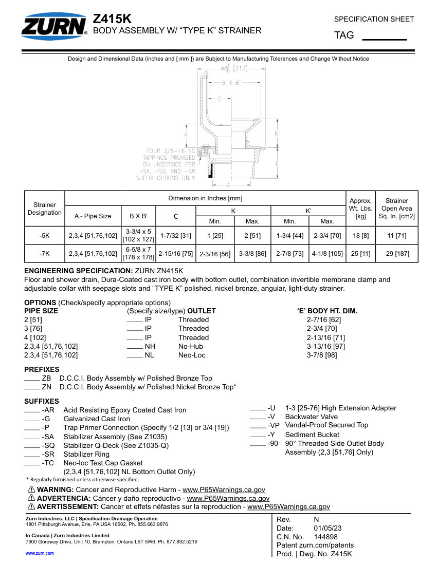 Zurn Z415K cut sheet — first page