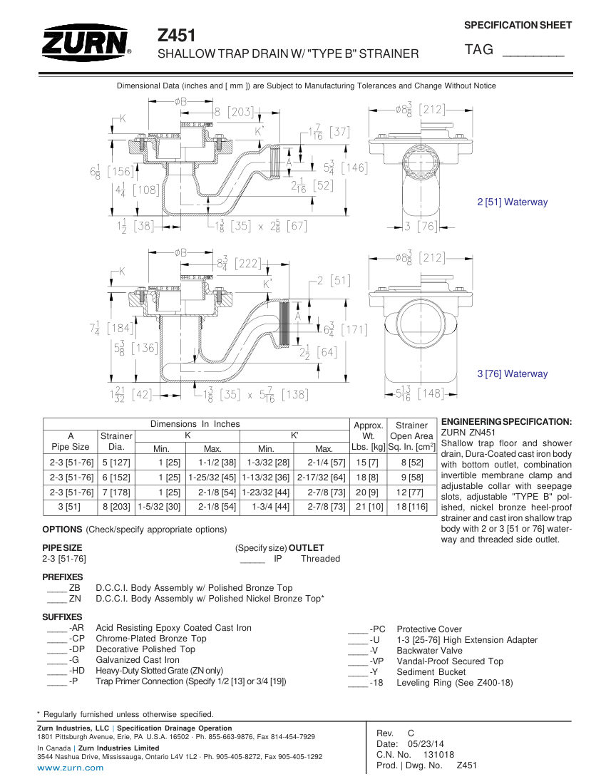 Zurn Z451B cut sheet — first page