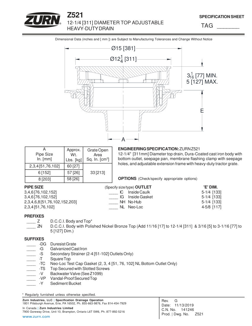 Zurn Z521 cut sheet — first page