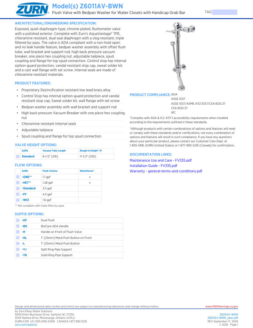 Zurn Z6011AV-BWN cut sheet — first page