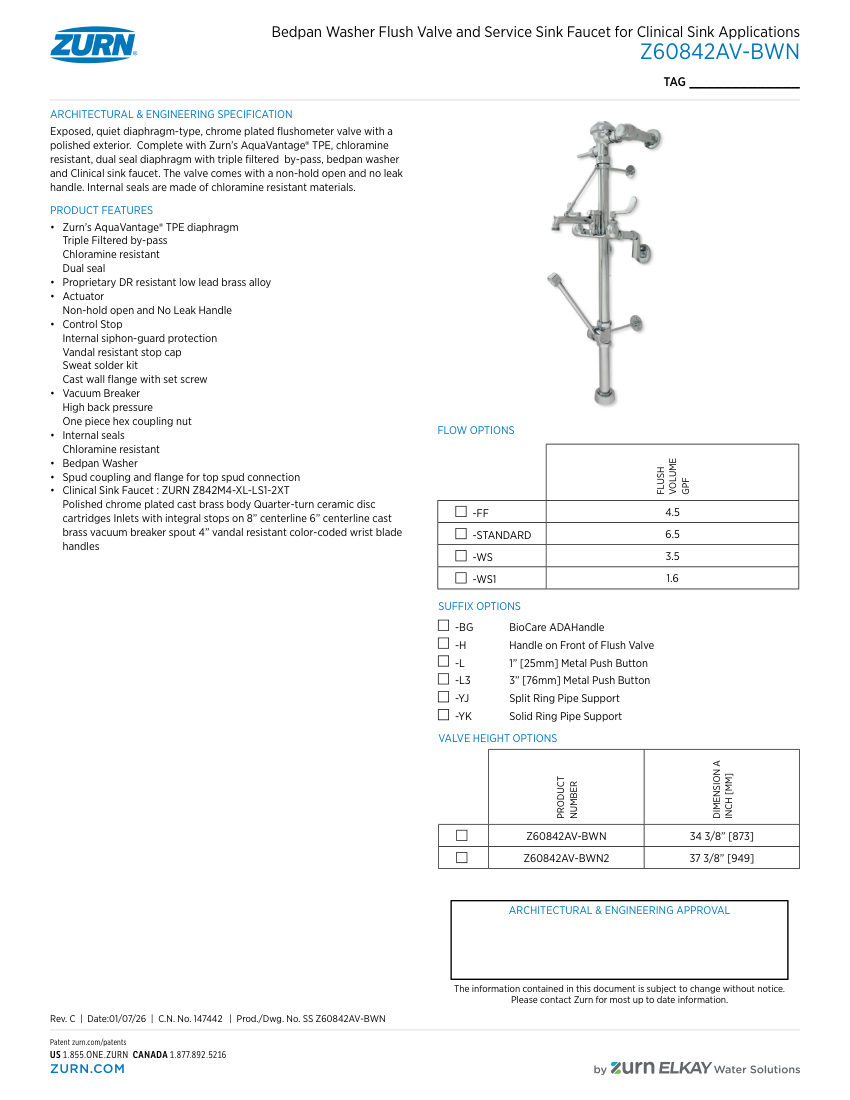 Zurn Z60842AV-BWN cut sheet — first page