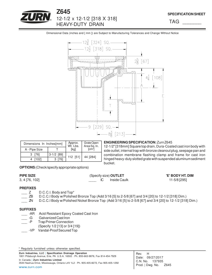 Zurn Z645 cut sheet — first page
