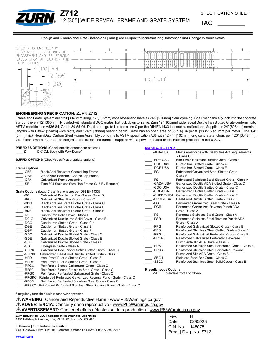 Zurn Z712 cut sheet — first page