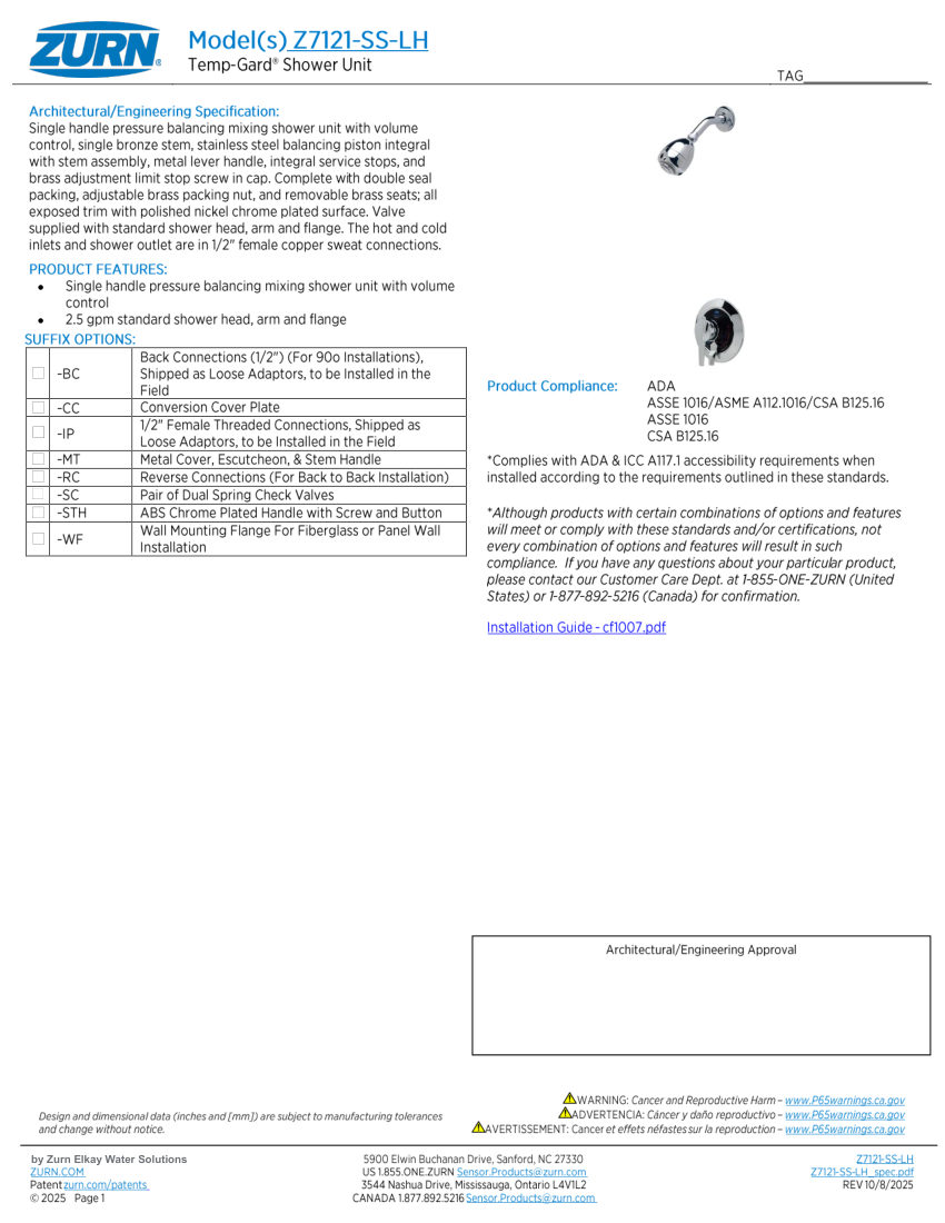 Zurn Z7121-SS-LH cut sheet — first page