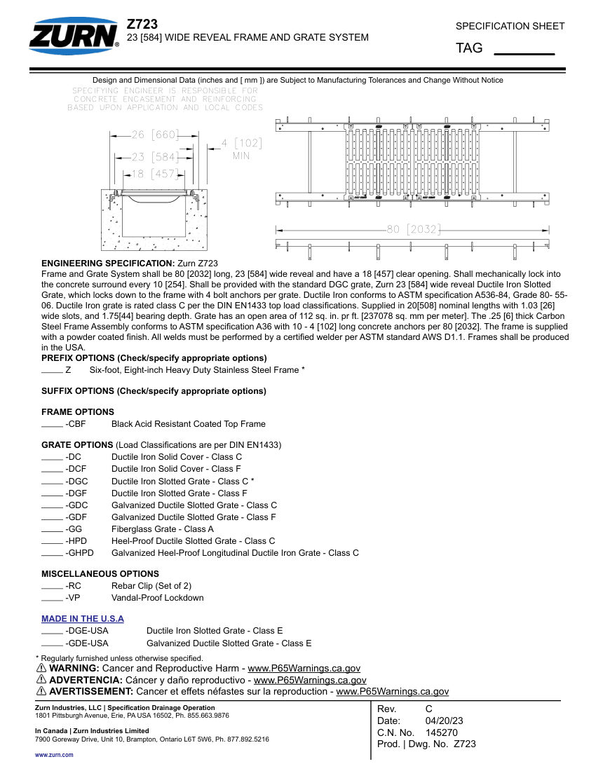 Zurn Z723 cut sheet — first page