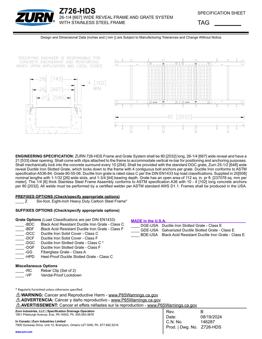 Zurn Z726-HDS cut sheet — first page