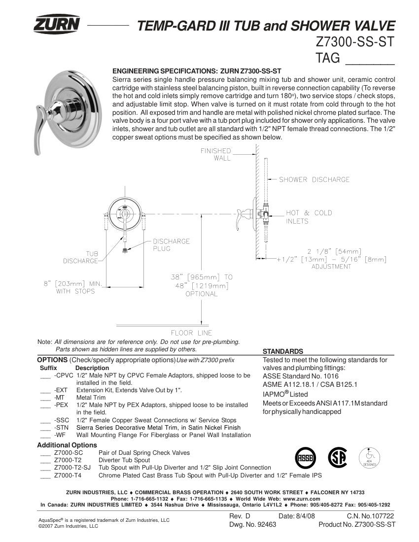 Zurn Z7300-SS-ST cut sheet — first page