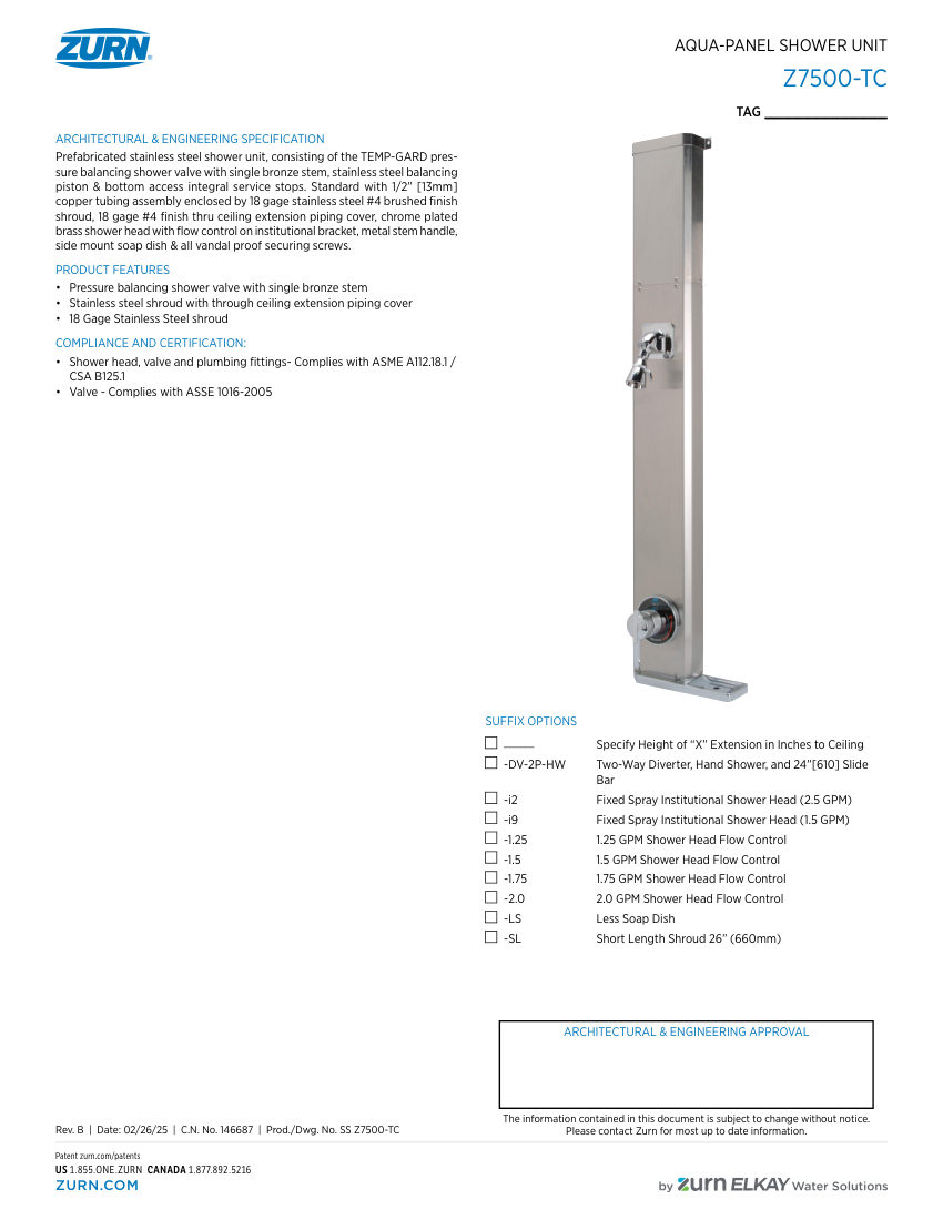 Zurn Z7500-TC cut sheet — first page
